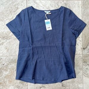 Santorini NWT Short Sleeve Linen Blouse Top with Irregular Pleats, Steel Blue, 8